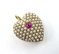 Coveted Pave Pearl Ruby Heart 14k Gold Charm Pendant Watch Pin Brooch