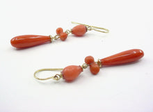 Load image into Gallery viewer, Victorian Antique Carved  Coral 14k Yellow Gold Torpedo Drop Earrings
