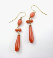 Victorian Antique Carved  Coral 14k Yellow Gold Torpedo Drop Earrings