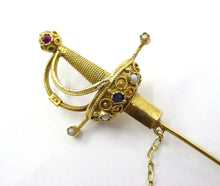 Charger l'image dans la galerie, Antique Pearl "Sword" Jabot 14k Yellow Gold Brooch with Scabbard
