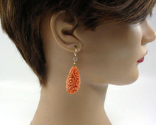 Load image into Gallery viewer, Large Intricately Carved Coral .58 ct Diamond 14k Yellow Gold Drop Earrings
