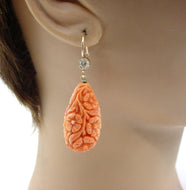 Large Intricately Carved Coral .58 ct Diamond 14k Yellow Gold Drop Earrings