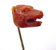 Antique Intricately Carved Coral Wolf Head English 9ct Gold Stickpin Lapel Pin