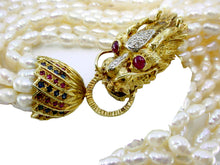 Load image into Gallery viewer, Dramatic Gem Set 14K Gold Dragon Clasp Multi Strand Pearl Torsade Necklace
