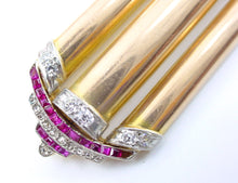 画像をギャラリービューアに読み込む, Stunning 1940&#39;s Retro Ruby Diamond 14K Rose Gold Platinum Triple Row Bar Brooch
