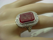 Charger l&#39;image dans la galerie, SALE--Rare Art Deco Carved Glass Cameo OEC Diamond 18k White Gold Halo Ring
