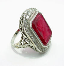 Charger l&#39;image dans la galerie, SALE--Rare Art Deco Carved Glass Cameo OEC Diamond 18k White Gold Halo Ring

