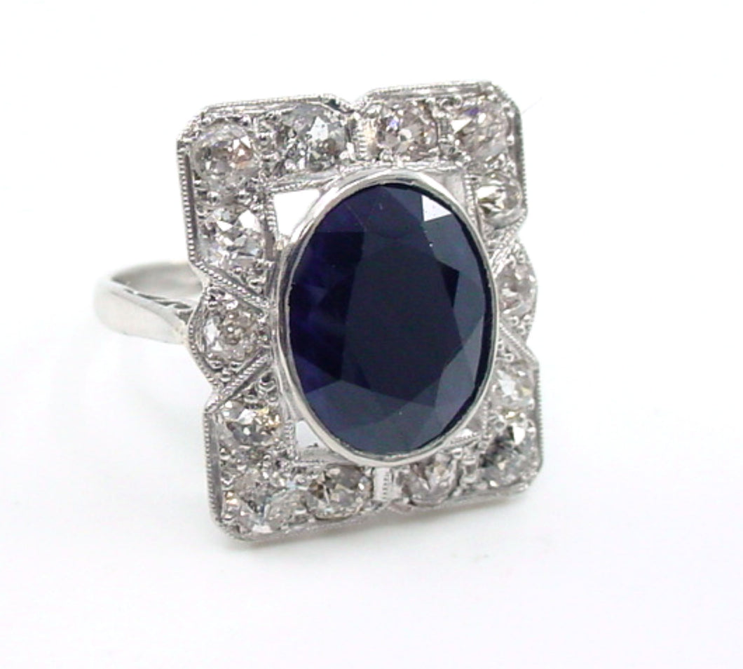 Edwardian Old Mine Cut Diamond Sapphire Platinum Halo Engagement Cocktail Ringa
