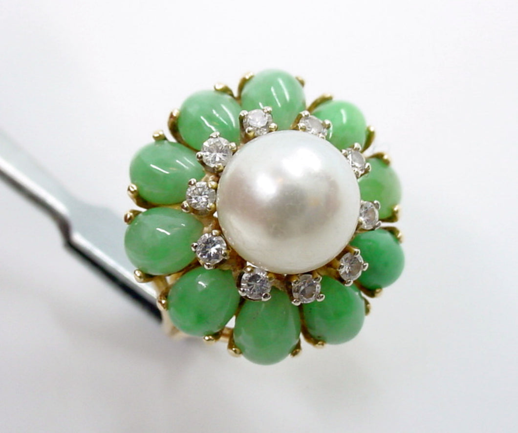 Vintage Jadeite Jade Diamond Pearl 14k Gold Daisy Cocktail Ring