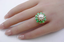 Load image into Gallery viewer, Vintage Jadeite Jade Diamond Pearl 14k Gold Daisy Cocktail Ring
