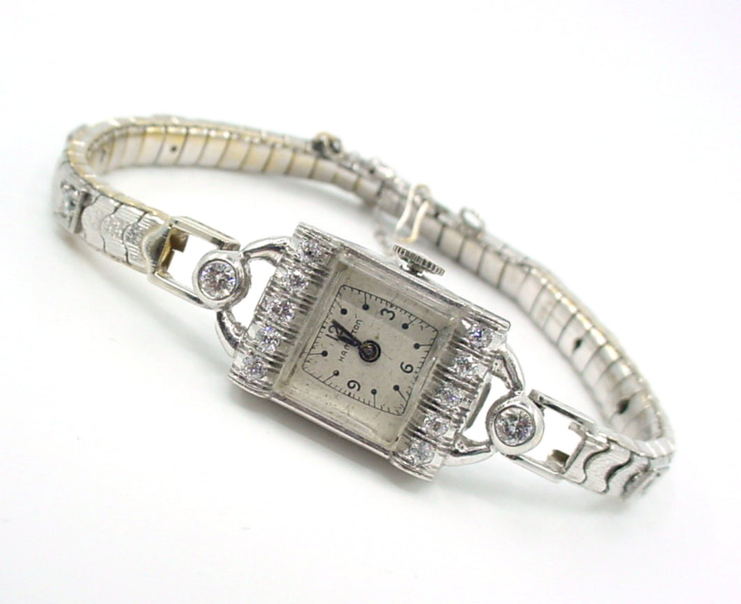 Vintage Hamilton Platinum Diamond 14k White Gold Diamond Set Bracelet Watch